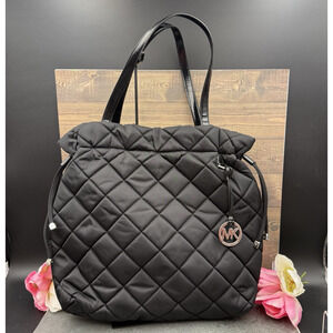 Michael Kors Black Quilted Nylon Patent Leather Trim Drawstring Tote Purse